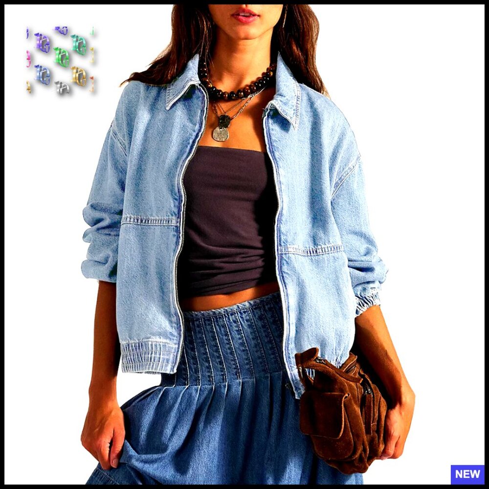 Denim Jacket Loose Fit Elastic Hem Zip Up Classic Bomber Vintage Y2k Chic